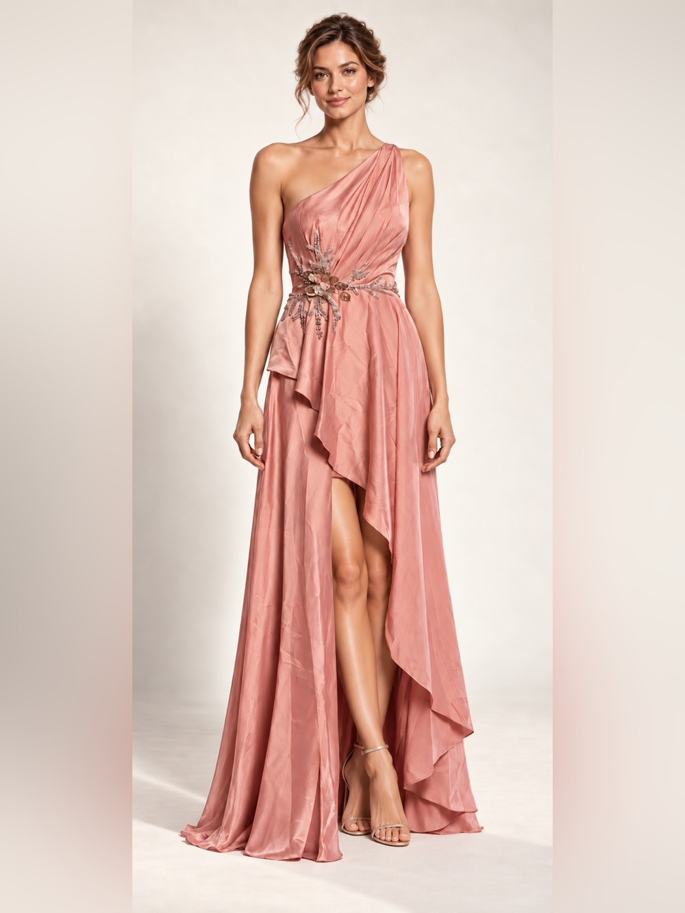 Mac Duggal One-Shoulder Blush Pink Evening Gown with Embellished Waist